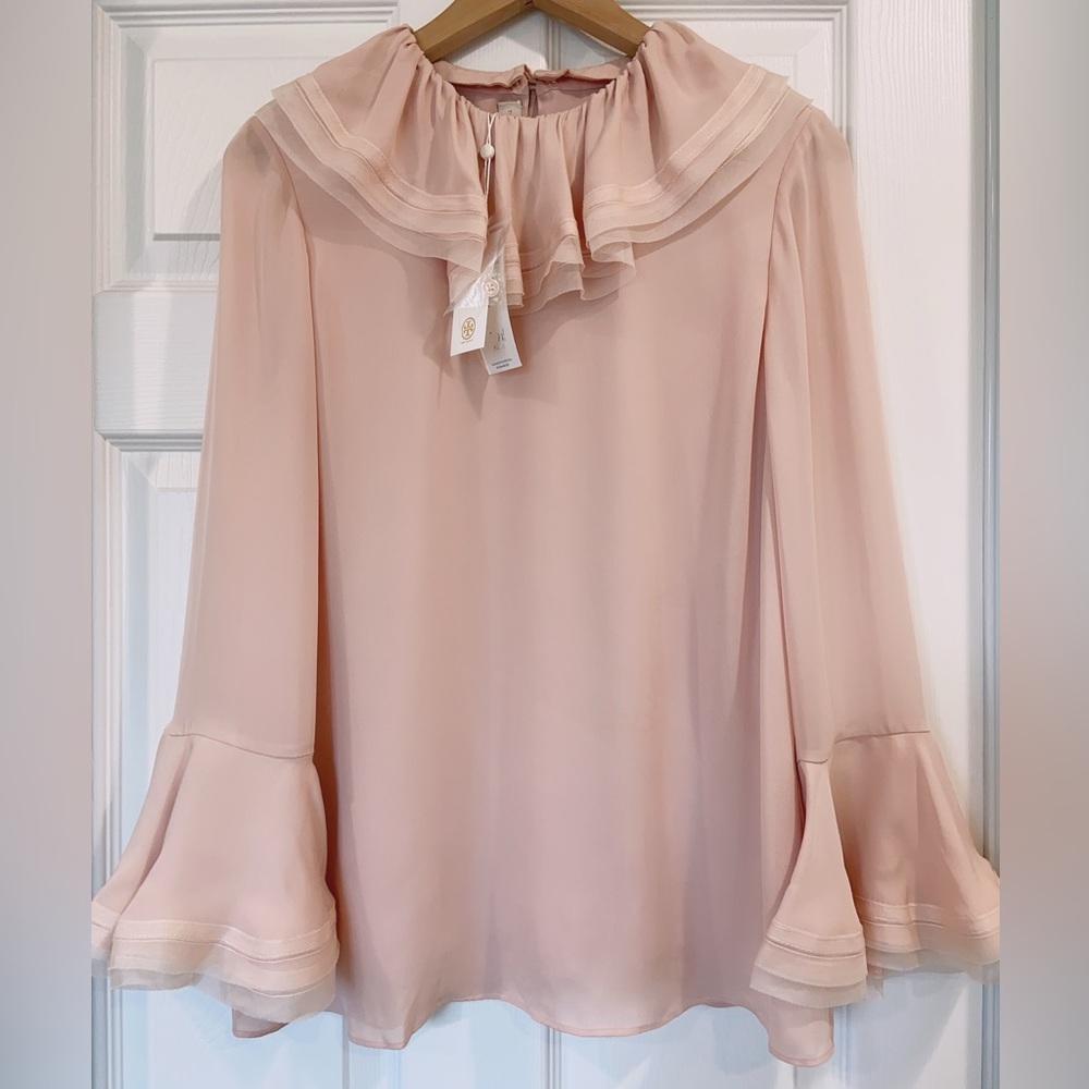 NWT $448 Tory Burch Ruffle Silk Sleeve Blouse Top In Pink